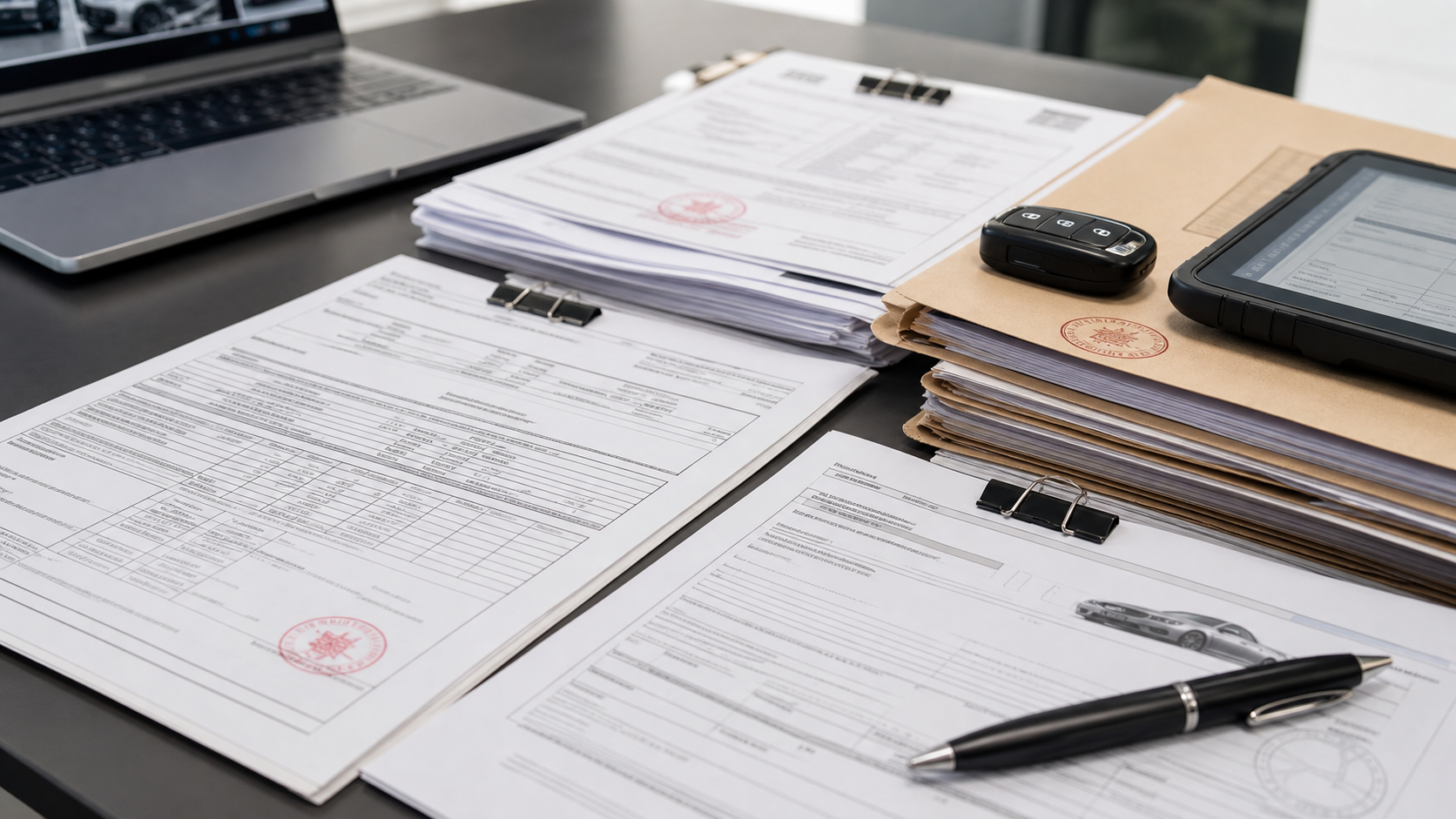 Vehicle export document preparation on office desk