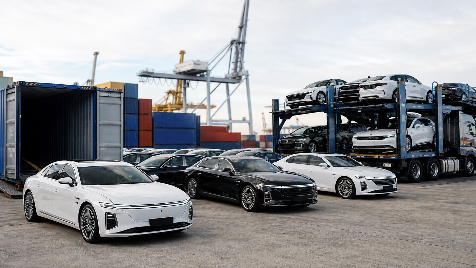 Global vehicle export shipment with cars and containers